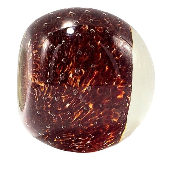 Vintage Paperweight Brown & Amber Speckled Blown Glass Eye Style Flower Image - Picture 7 of 8